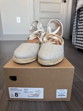 J. Crew Factory Metallic Gold Espadrille Wedge Ankle Wraps